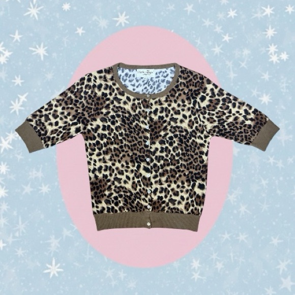 Bettie Page Sweaters - Bettie Page by Tatyana Brown & Tan Retro Leopard Print Crop Sleeve Cardigan XL